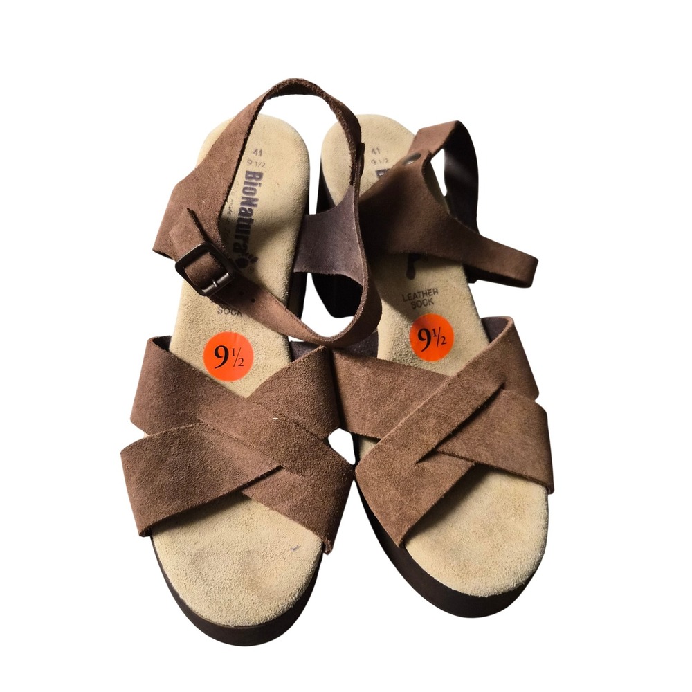 BioNatura Brown Suede Platform Sandals Made in Italy Size 9.5 Block Heel Retro